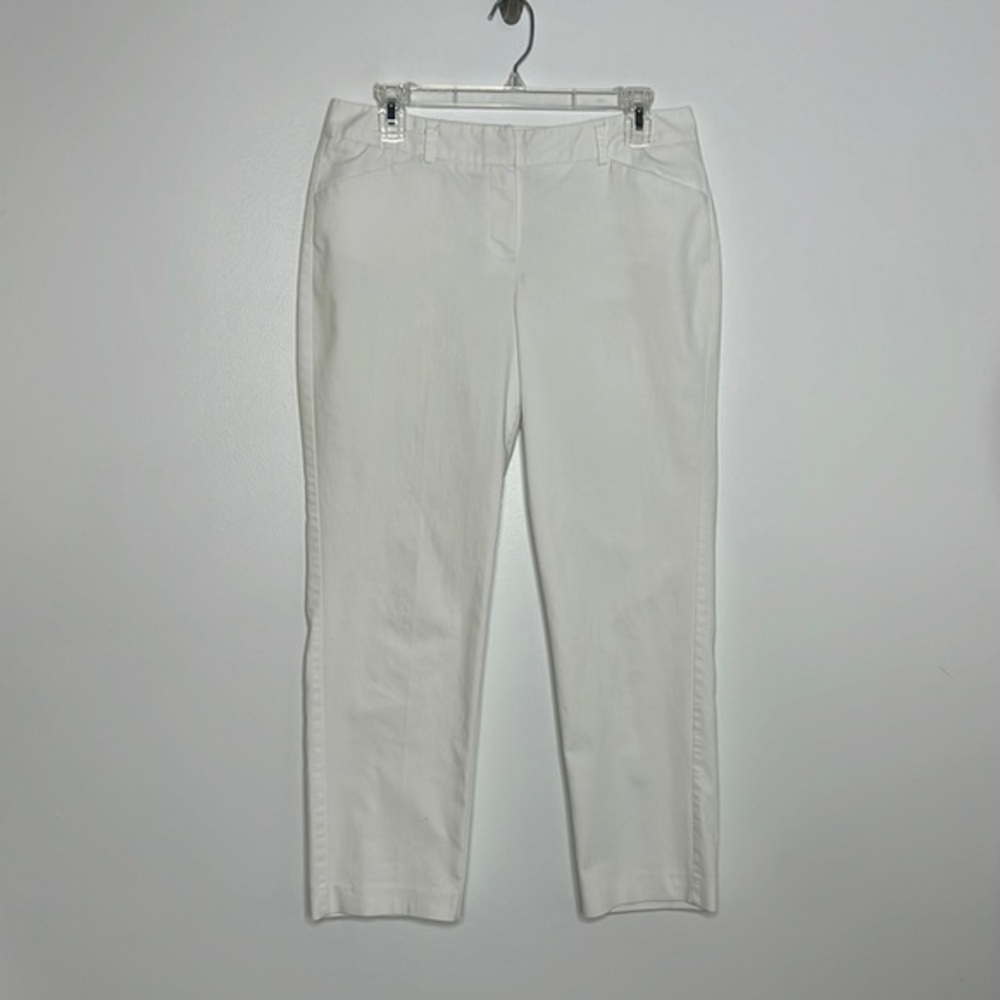 Larry Levine white straight leg stretch cotton Glen pants, size 8